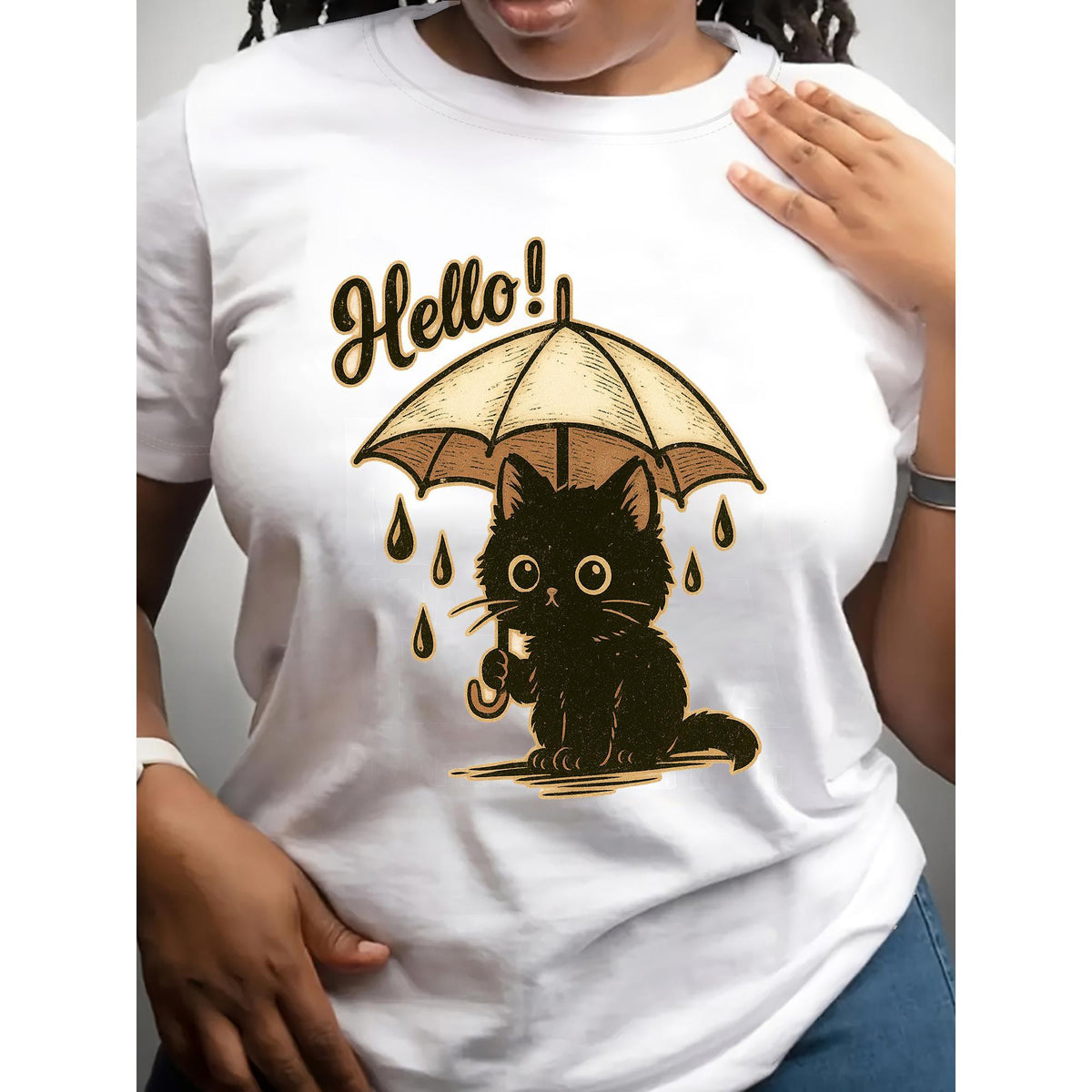 Black Cartoon Cat Printed T-shirt with Umbrella | Women'S product image 3