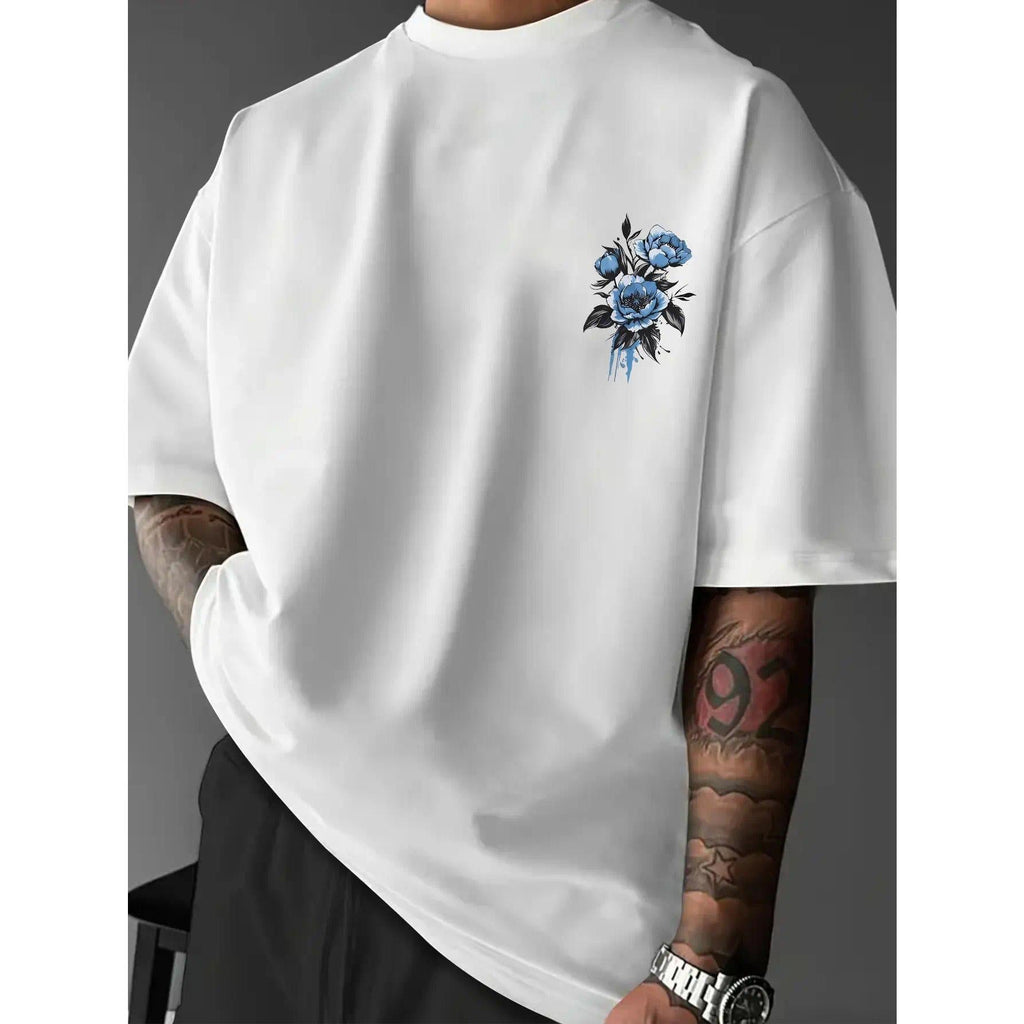 [Men's T-Shirt] New American Street Style Blue Peony Print product image 2