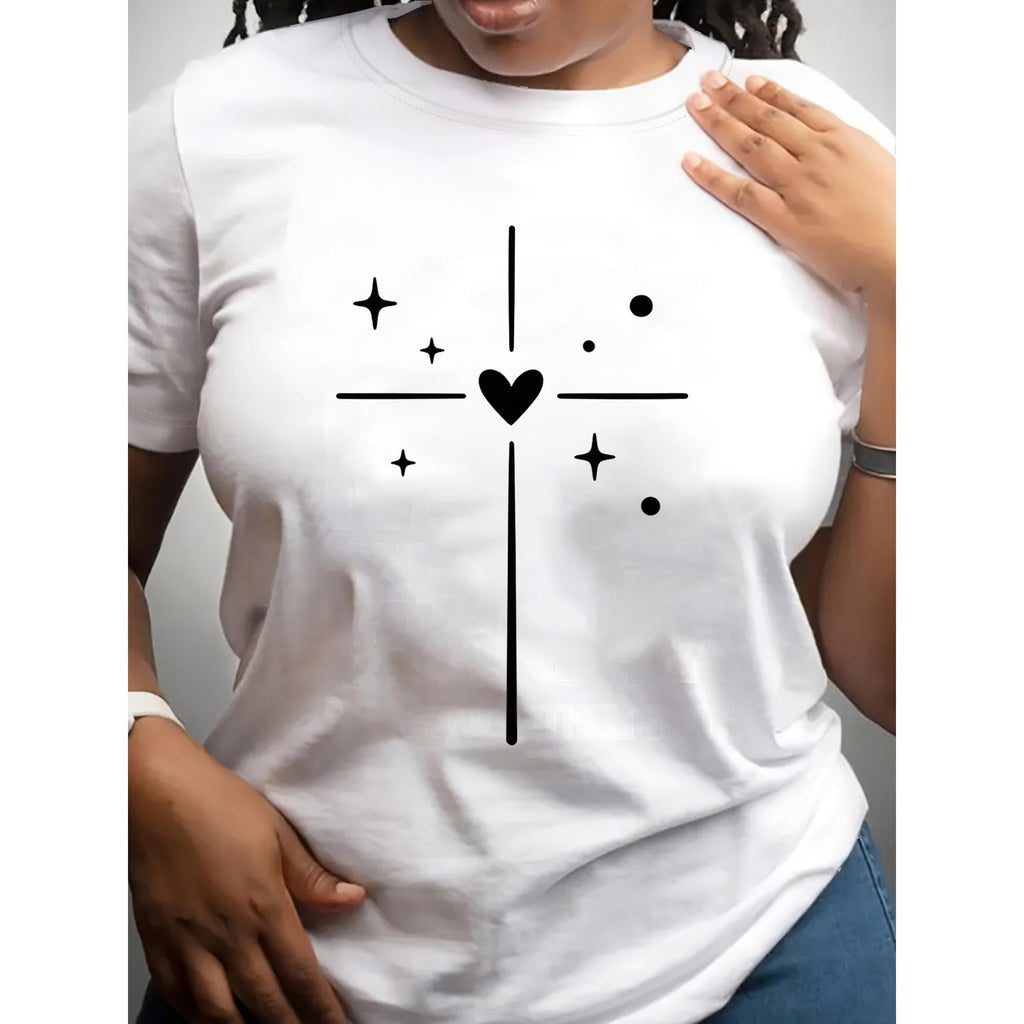 Cross Heart Print T-shirt, Regular Length, Casual product image 1