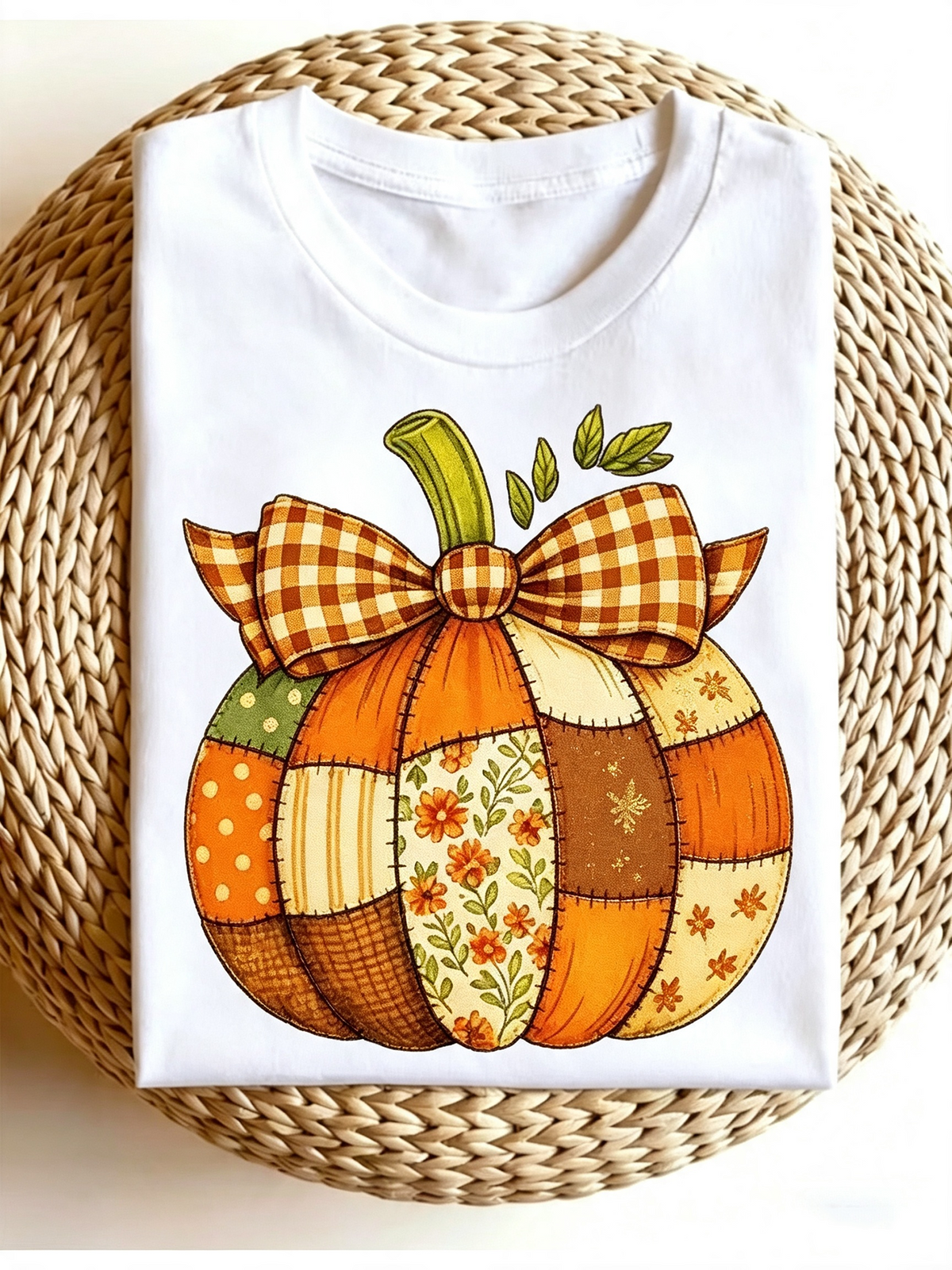 Fall Patchwork Pumpkin Bow Graphic T‑Shirt for Women, Retro product image 1