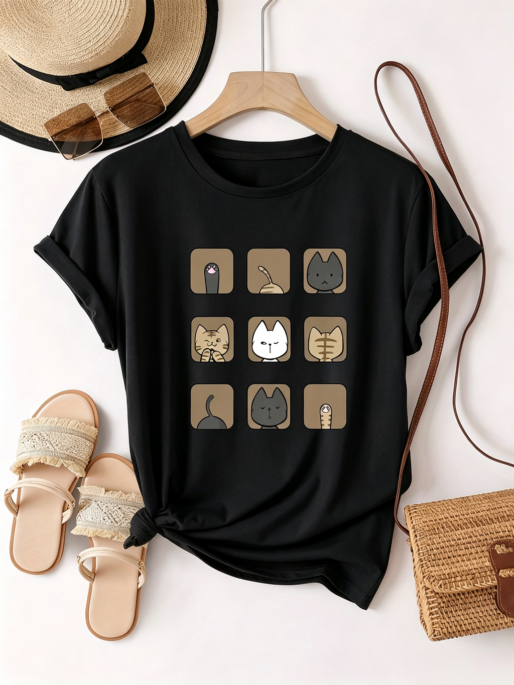 Cute Cat T-Shirt 3x3 Nine Grid Cats Graphic Tee For Lovers product image 10