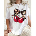 Women Round Neck T Shirt Cherry Leopard Bow Print Casual product image 1