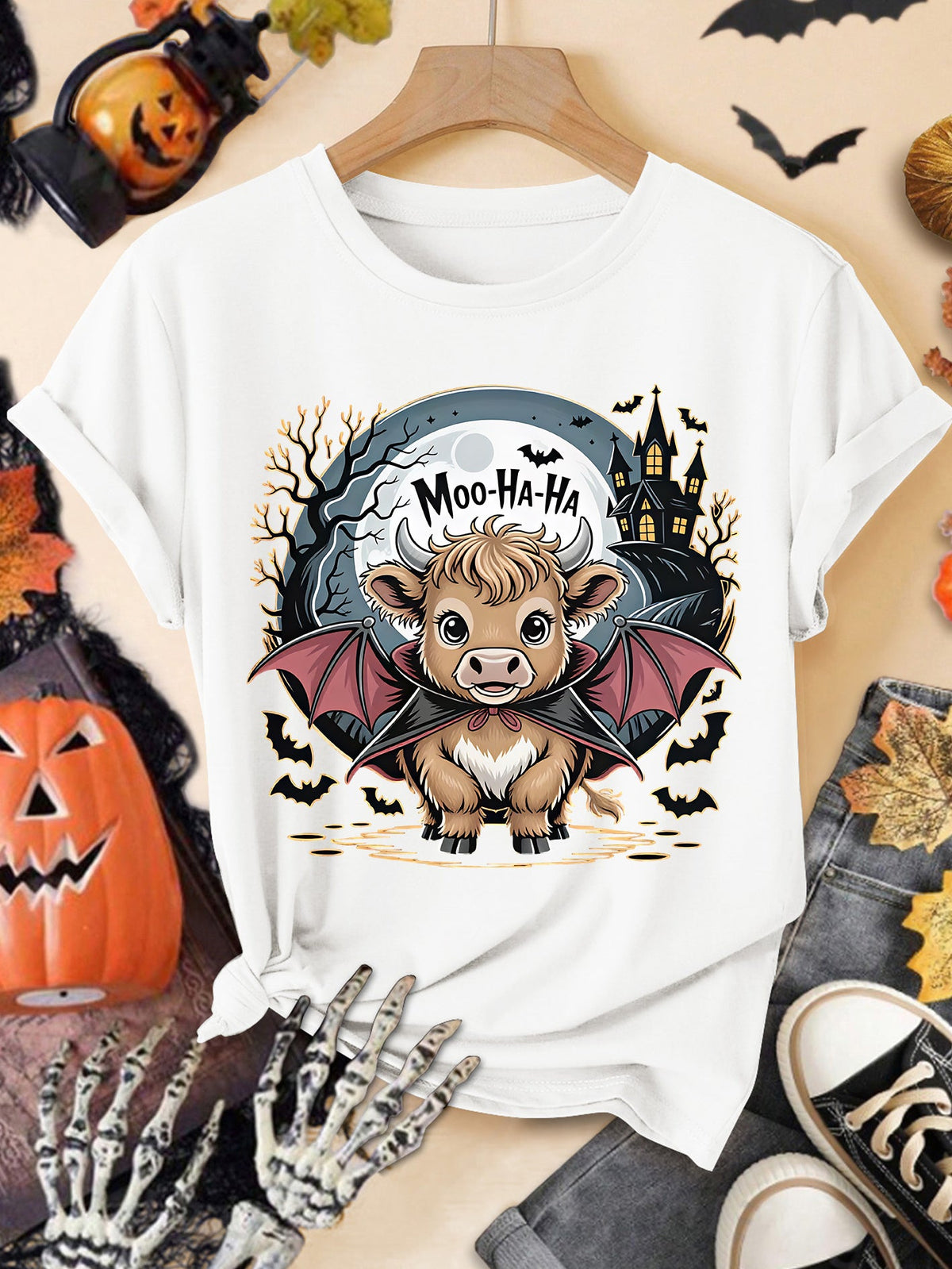 Moo-Ha-Ha T-Shirt Halloween Highland Cow Vampire Bat Tee product image 1