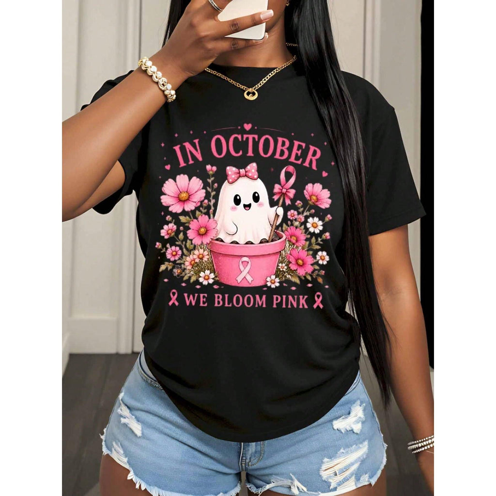 In October We Bloom Pink Breast Cancer Awareness Shirt Cute product image 3