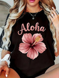 floral-print T-shirt featuring "ALOHA" lettering—crew-neck product image 1